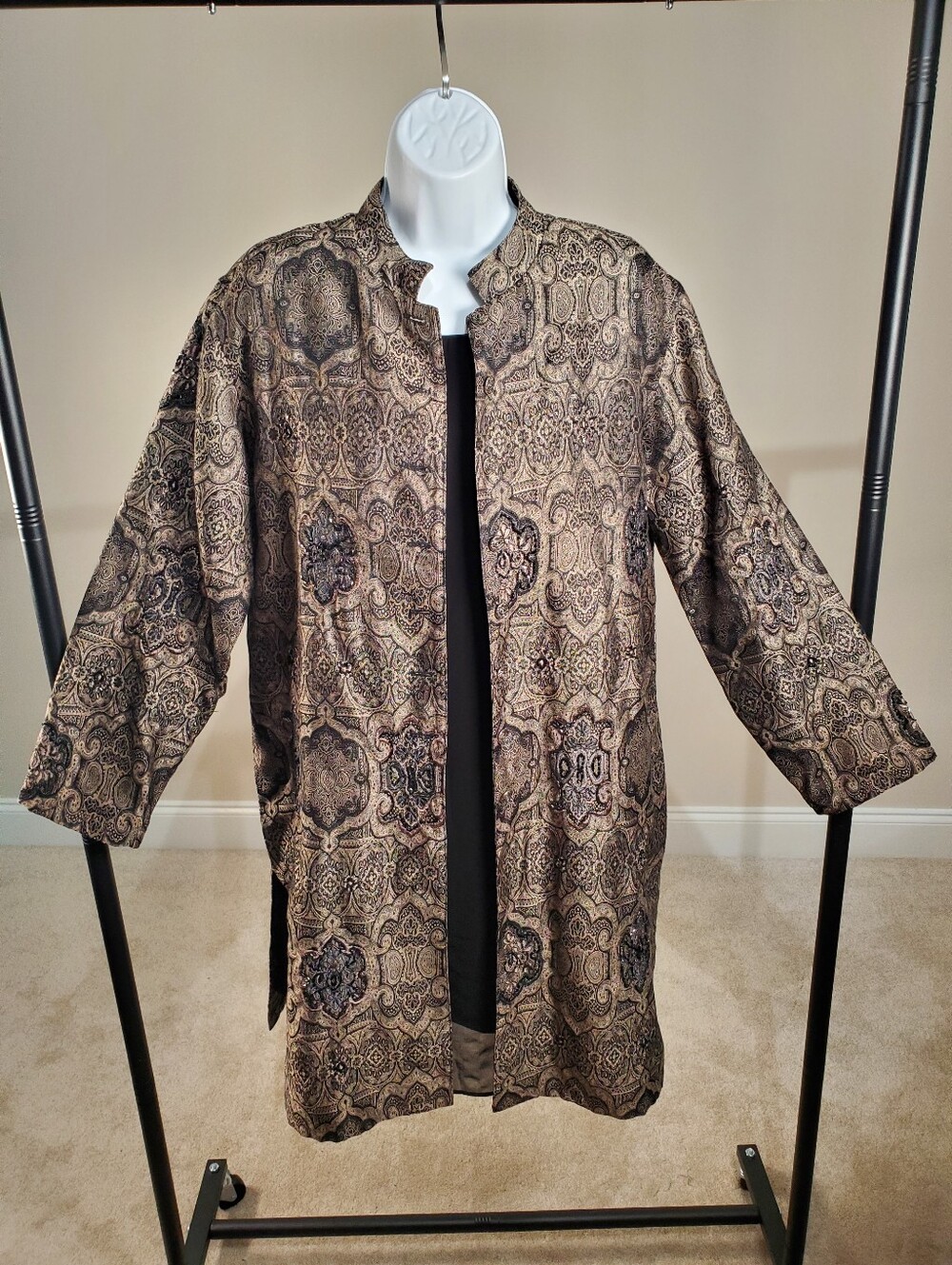 Chico's Medallion Beaded Tapestry Duster Jacket Gold Black Boho Size 1